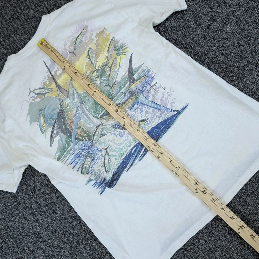 Guy Harvey Coastal Marlin Fishing Pocket T-Shirt Mens Medium White 100% Cotton
